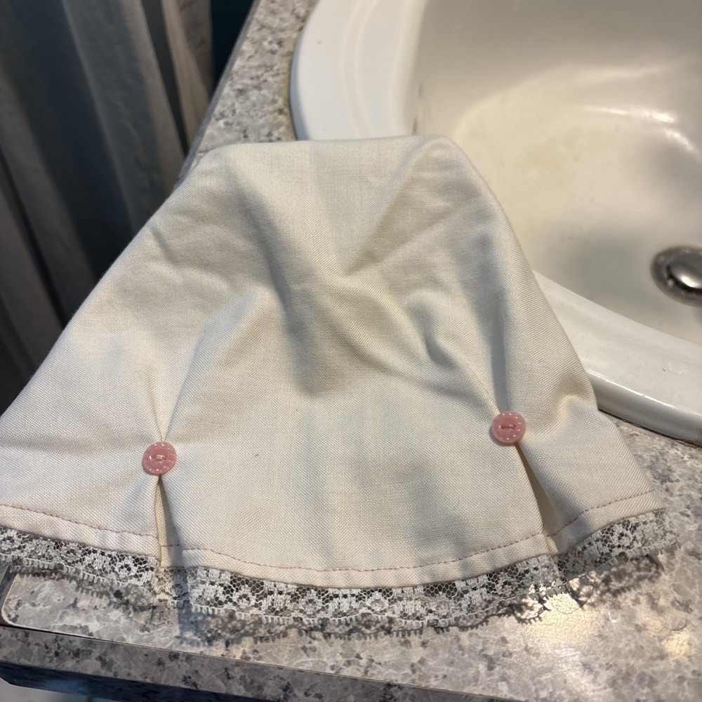 Vintage Baby Bonnet White Lace Trim Pink Buttons Retro Infant Hat